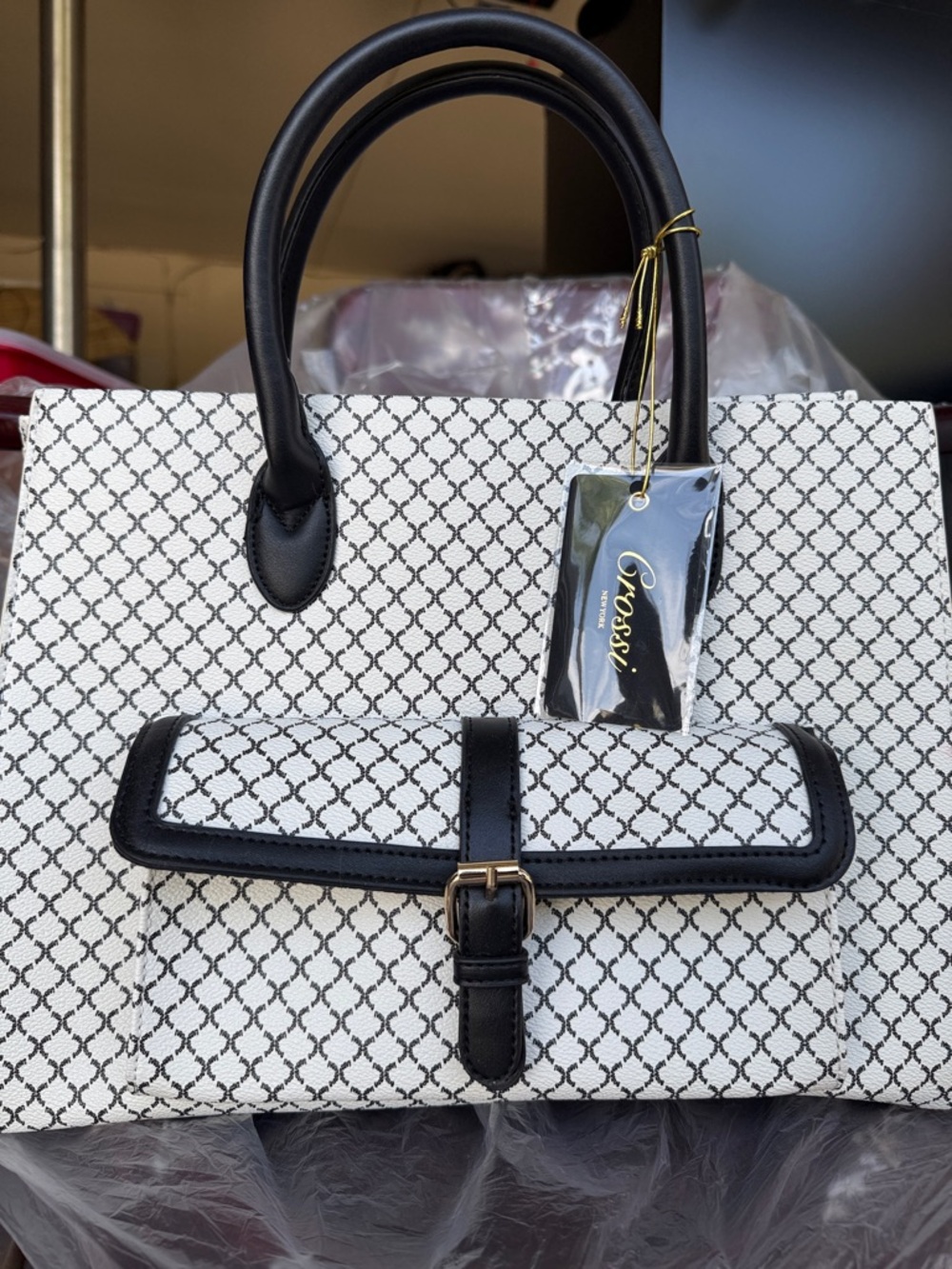 Classic Black & White Pattern Tote with Buckle Accent